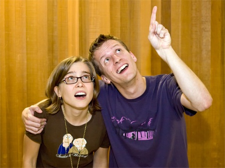 Erronyus (Ben Johnson) explains the future to Iris (Jennifer Davies) in a rehearsal for the Redwood Theatre production of “Thunderbolts and Dunderheads