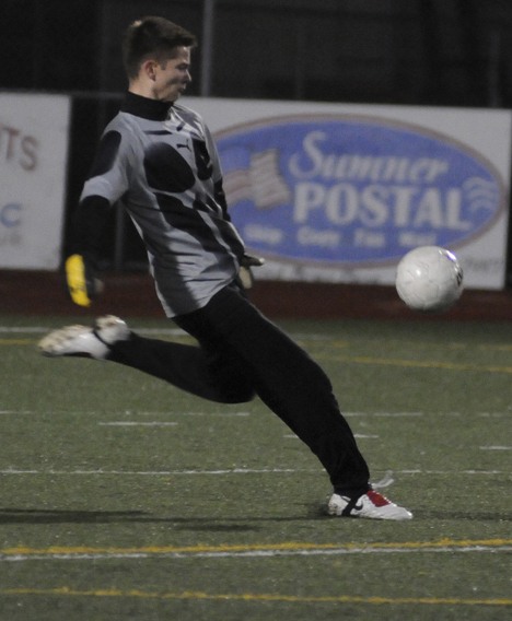 Bear Creek goalkeeper Jamie Clough lines up for a goal kick during the 2B state championship game last Saturday against Tacoma Baptist. Clough