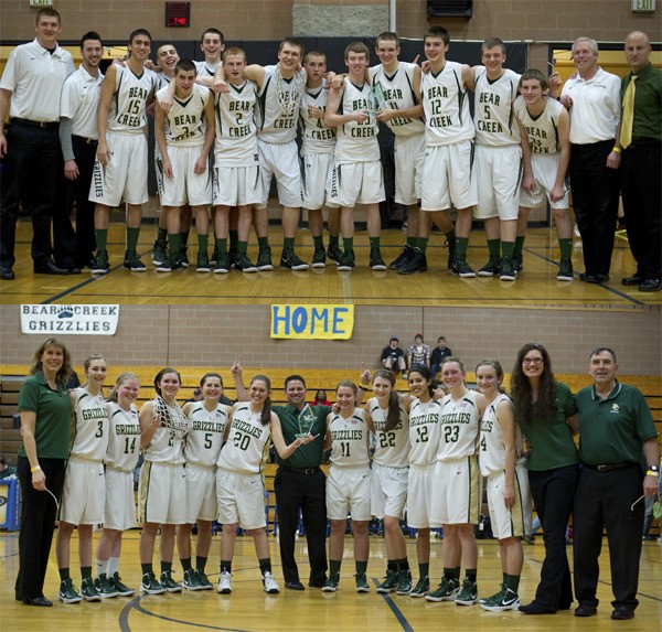 The Bear Creek boys' and girls' basketball teams are all smiles after winning their respective Bi-District championship games last Saturday. They next play in the regional round of the state tournament