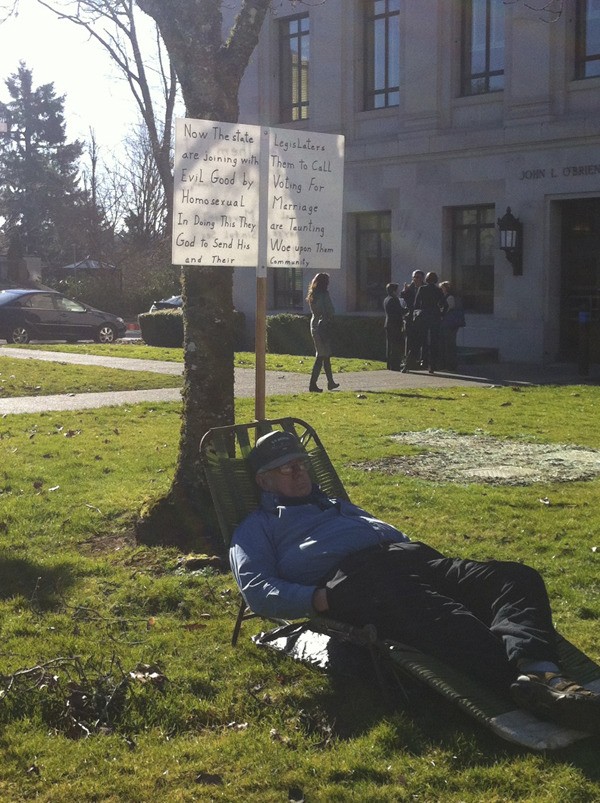 A one-man protest against the legislature's march toward approving a marriage equality bill