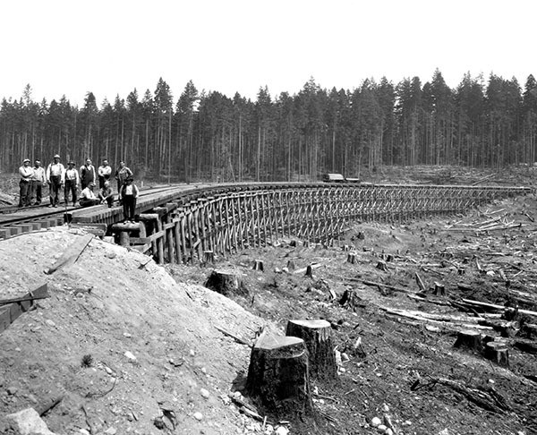 The Siler logging trestle crew in the 1920s east of Redmond.