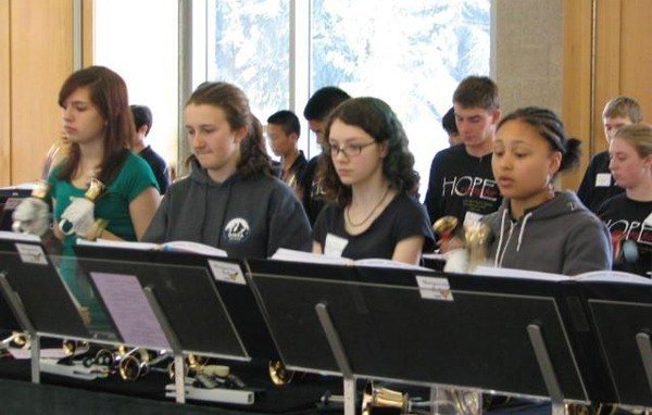 A group of youths practice handbell ringing together. The Youth Handbell Conference will be held Friday and Saturday at Pine Lake Covenant Church in Sammamish and will feature the choir from Faith Lutheran Church in Redmond along with other groups from Washington and Oregon states.