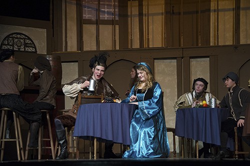 Bear Creek School junior Matthew Meyer (Falstaff) and senior Grace Carruth (Quickly) perform a scene during a dress rehearsal of 'The Scoundrel' on Jan. 10.