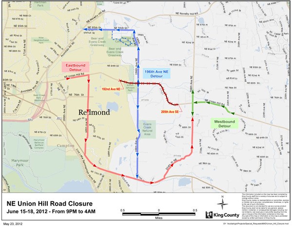 Northeast Union Hill Road will be closed between 192nd Avenue Northeast and 205th Avenue Southeast from 9 p.m. Friday