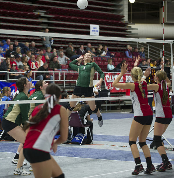 Bear Creek senior outside hitter Morgan Cadigan fires away against Mossyrock at state.