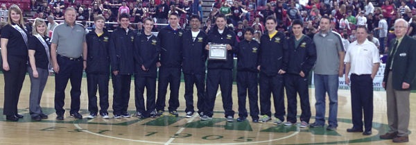 Members of The Overlake School boys basketball team accept their all-state academic award.