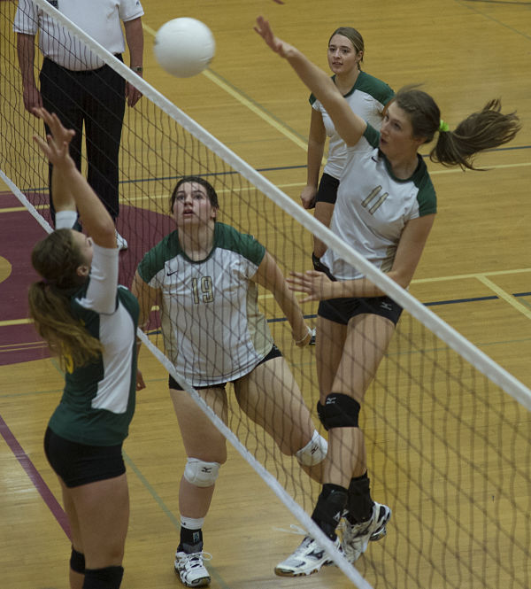 Bear Creek's Catherine Fernandez (No. 11) hammers the ball across the net during Saturday's district tournament.