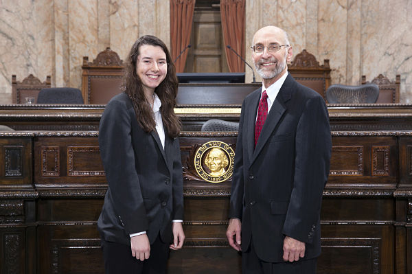 State Rep. Larry Springer (D-Kirkland) with Redmond High School sophomore Emily Ganz on the floor of the House of Representatives