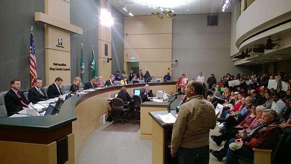 A Redmond Ridge resident speaks at Monday’s King County Council meeting about his concerns about having a marijuana processing plant in the community.