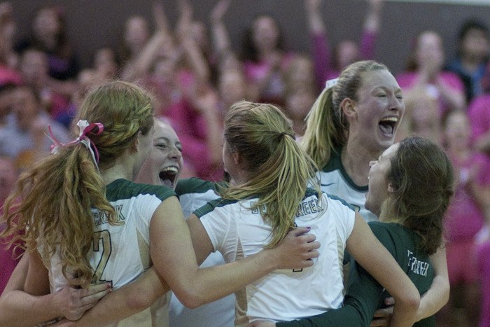 The Bear Creek Grizzlies celebrate a point late in the match - in honor of Dig Pink