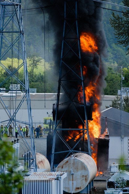 Fire at the Puget Sound Energy substation along Willows Road in Redmond on Thursday.