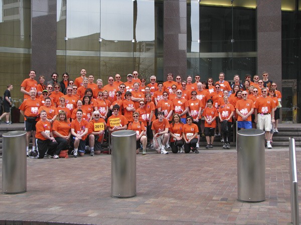 Members of Project Trevor gather outside of the Columbia Tower in downtown Seattle at the Leukemia and Lymphoma Society’s Big Climb.