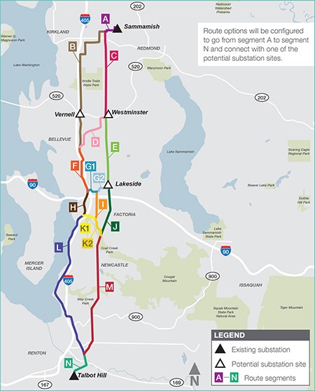 This graphic displays power route options and connections to potential substation sites.