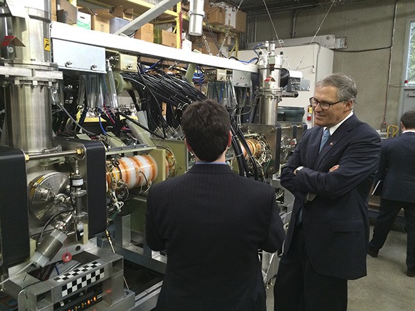 Gov. Jay Inslee (right) visited Helion Energy’s headquarters in Redmond on Tuesday as part of his tour highlighting the solutions to climate change in the Seattle area. Gov. Inslee has supported Cleantech businesses in Washington in both his tenures as representative and governor. Here