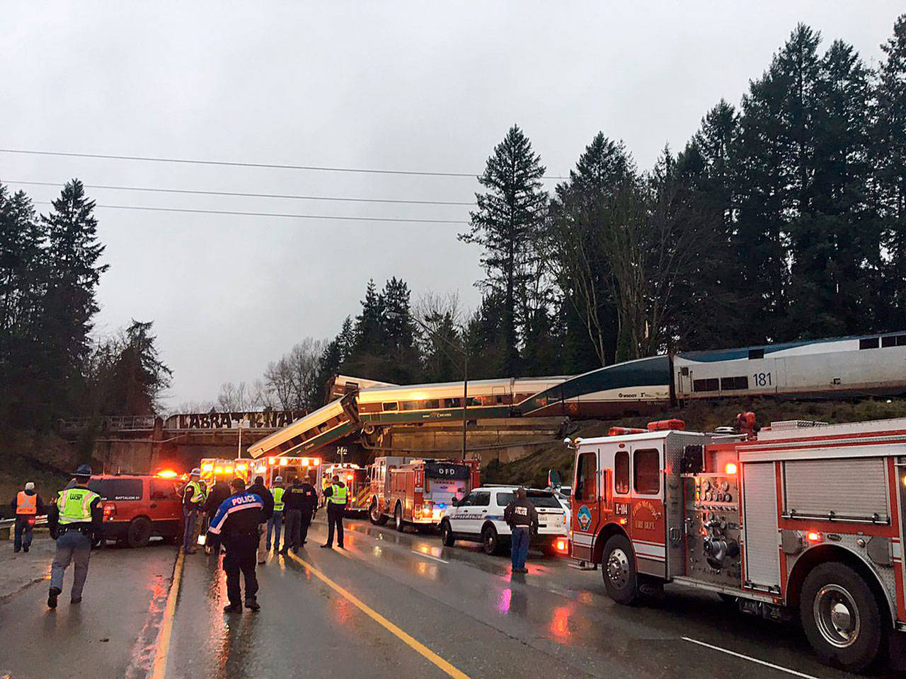 The Amtrak train 501 wreckage on Interstate 5 near DuPont. Courtesy of Washington State Trooper, Brooke Bova.